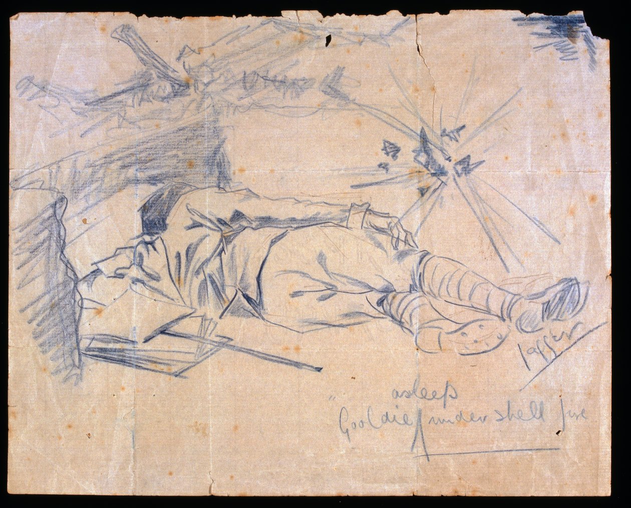 الملازم ليزلي غولدي نائمًا تحت قصف مدفعي ، 1915 بواسطة تشارلز رقيب جاغر