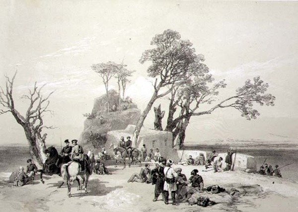 البنجاب: بؤرة رودوالا التي احتلها البريطانيون في العاشر من فبراير 1845 ، اللوحة 8 من "ذكريات الهند" ، نقشها جيمس دوفيلد هاردينغ (1798-1863) 1847 (ليثو) بواسطة تشارلز ستيوارت (بعد) هاردينج