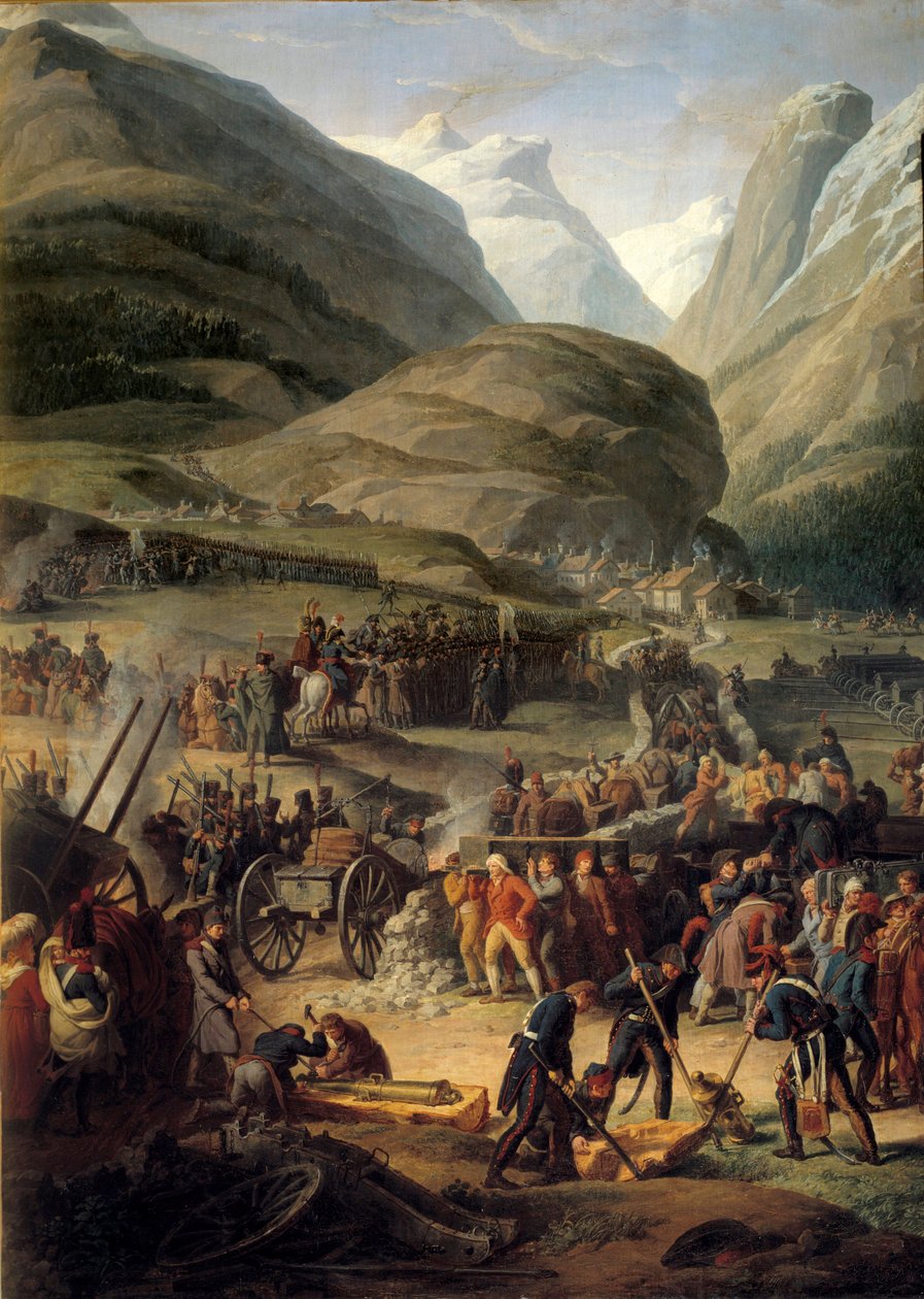 الجيش الفرنسي في برج سان بيير لعبور جراند سان برنار (غراند سانت برنارد) في 20/05/1800 - رسم تشارلز ثيفينين (1764-1838) بواسطة تشارلز ثيفينين