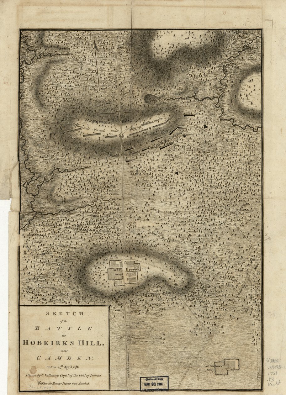 رسم تخطيطي لمعركة Hobkirks Hill ، بالقرب من Camden ، في 25 أبريل 1781 ، نشر في لندن ، 1794 بواسطة تشارلز فالانسي