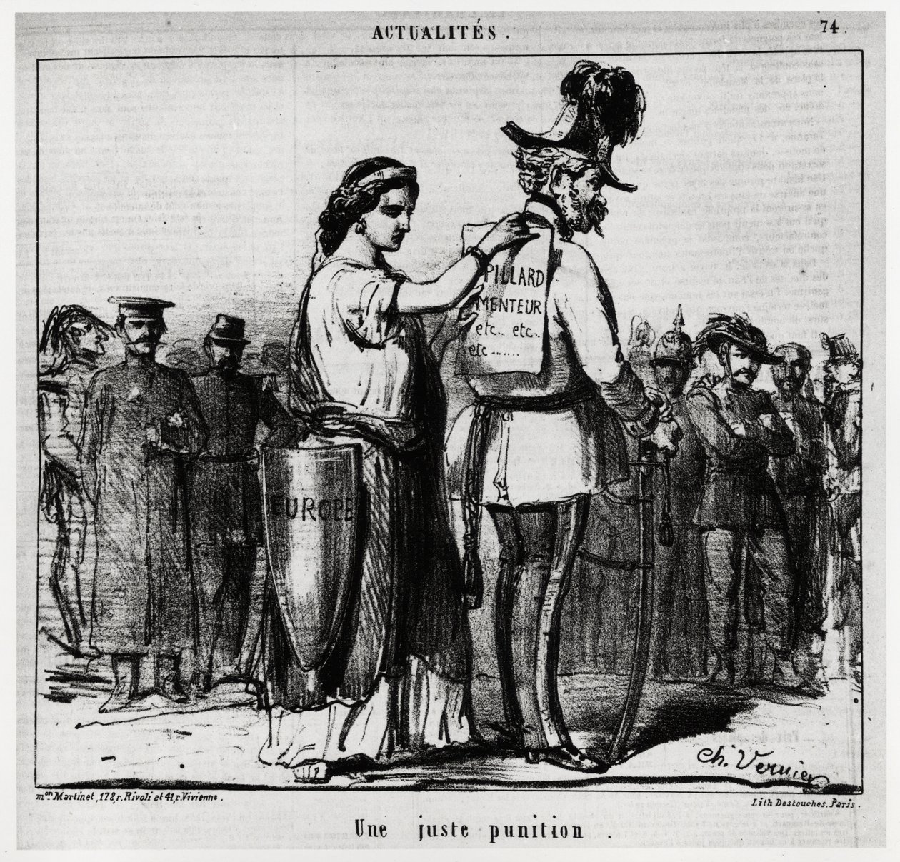 A fair punishment: Europe attaches a sign with the inscription “pillard, liar, etc” on the back of a character wearing an Austrian uniform, wearing mustaches and favorites (Emperor Francois Joseph I of Austria 1830-1916). Illustration of Charles Vernier (1 بواسطة تشارلز فيرنييه