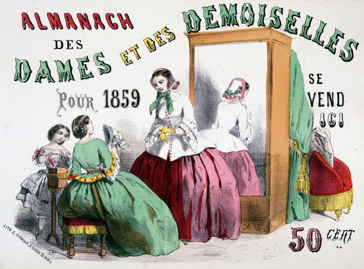 ملصق إعلاني لـ Almanach of Ladies and Ladies لعام 1859 (فتيات صغيرات يتحدثن خرقًا أمام خزانة ثلج) ، 50 سنتًا بواسطة تشارلز فيرنييه