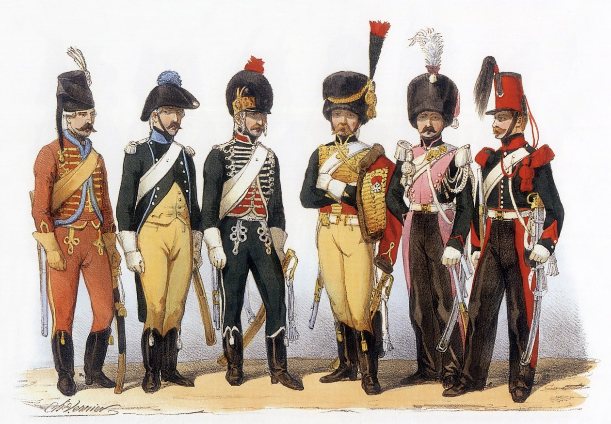 أزياء الجيش الفرنسي: Lancers gd: 1745 File Hunter (تحت قيادة لويس الخامس عشر)؛ 1785 في عهد لويس السادس عشر؛ 1794 جمهورية؛ 1810 الحرس الإمبراطوري (الإمبراطورية الأولى)؛ 1824 الحرس الملكي (ترميم)؛ 1840، رسم تشارلز فيرنييه (1831-1887). بواسطة تشارلز فيرنييه