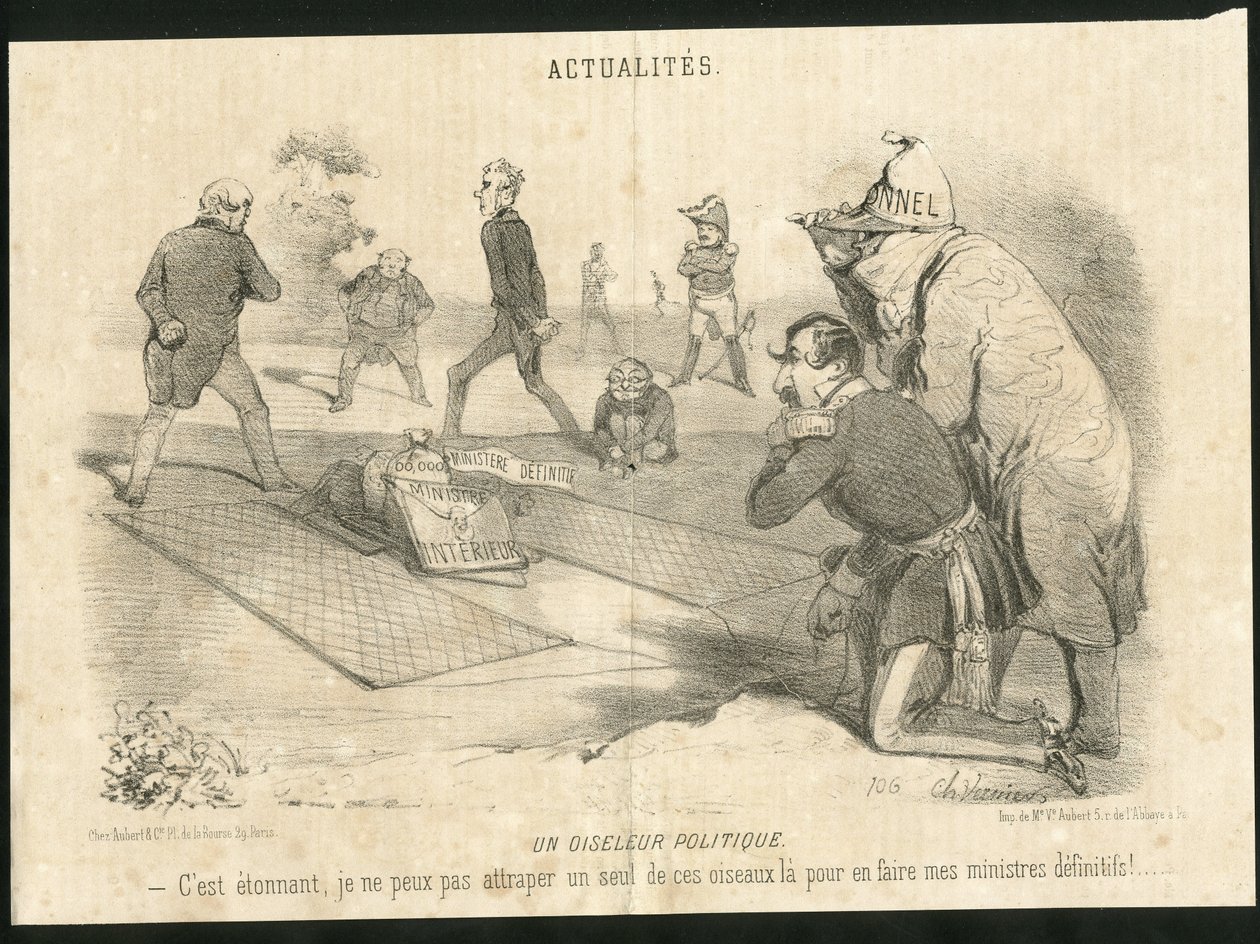 رسم توضيحي لـ Charles Vernier (؟ -1887) في Le Charivari - Un oiseleur politique - رئيس الجمهورية ، وزير الداخلية - Thiers Adolphe ، Napoleon III ، Faucher Leon (1803-1854) - Portfolio بواسطة تشارلز فيرنييه
