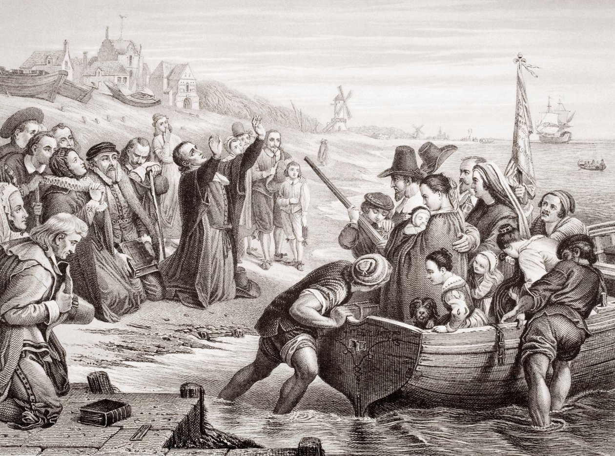 رحيل آباء الحاج من دلفت هافن في يوليو 1620 ، من مجلد "الرسوم التوضيحية الإنجليزية والتاريخ الاسكتلندي" المجلد الأول (النقش) بواسطة تشارلز ويست كوب