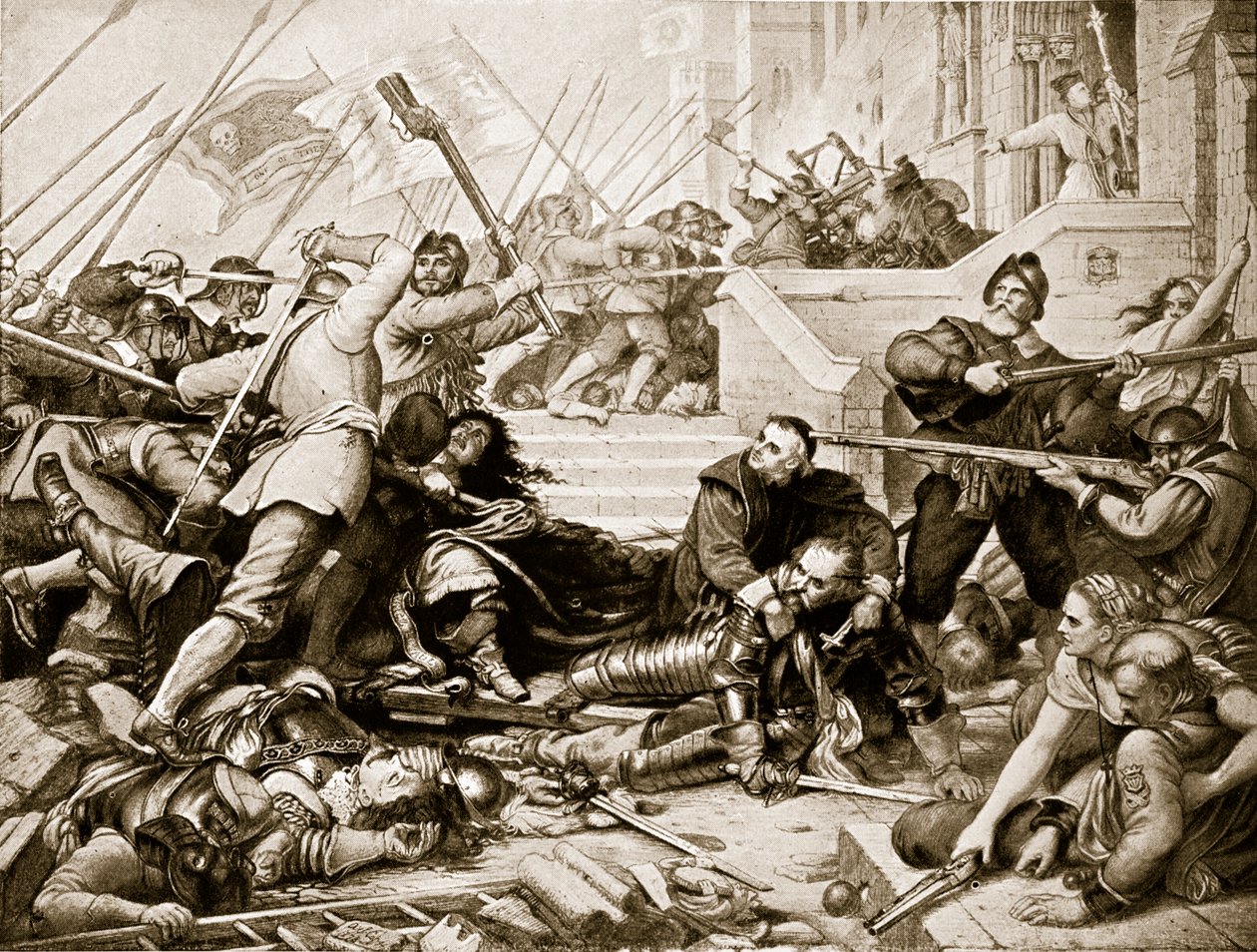 الدفاع عن باسينغ هاوس ، 1645 ، رسم توضيحي من "قصة هتشنسون عن الأمة البريطانية" ، ج .1923 بواسطة تشارلز ويست كوب