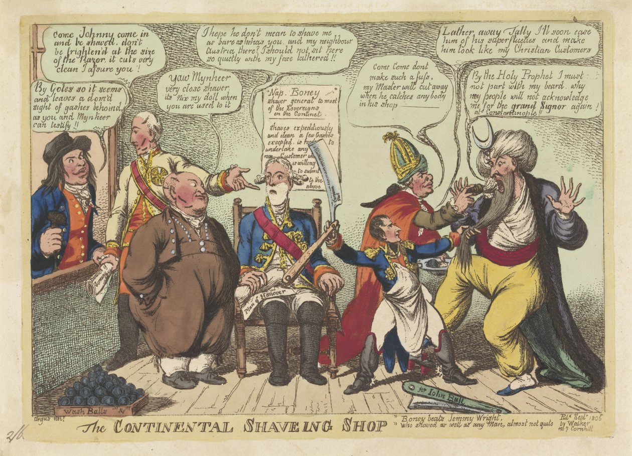 نابليون حلاقًا للقوى الأوروبية ، 1806 The Continental Shaving Shop (العنوان على الكائن) بواسطة تشارلز ويليامز
