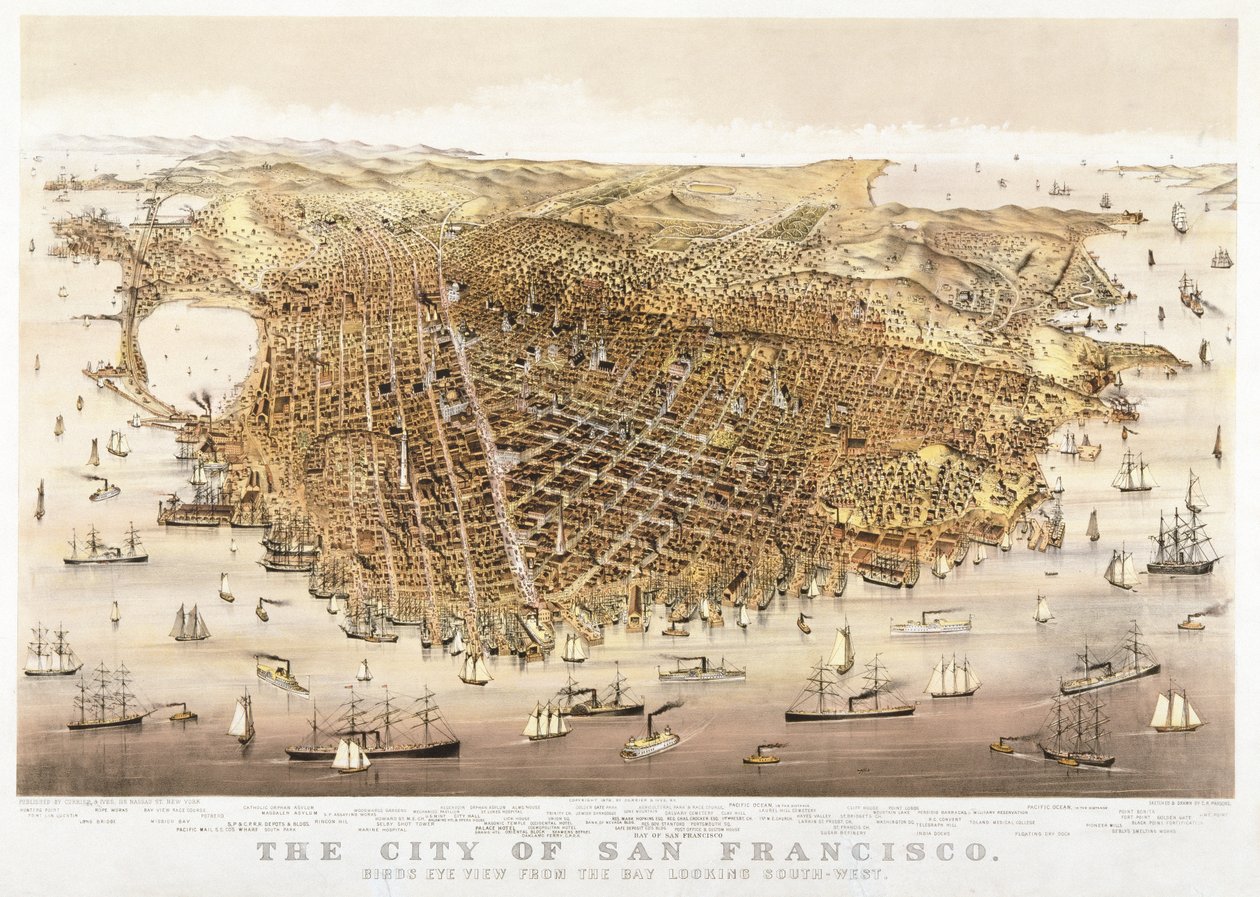 مدينة سان فرانسيسكو ، إطلالة على الطيور من الخليج تطل على الجنوب الغربي ، نشرتها Currier & Ives بواسطة تشارلز ريتشارد بارسونز