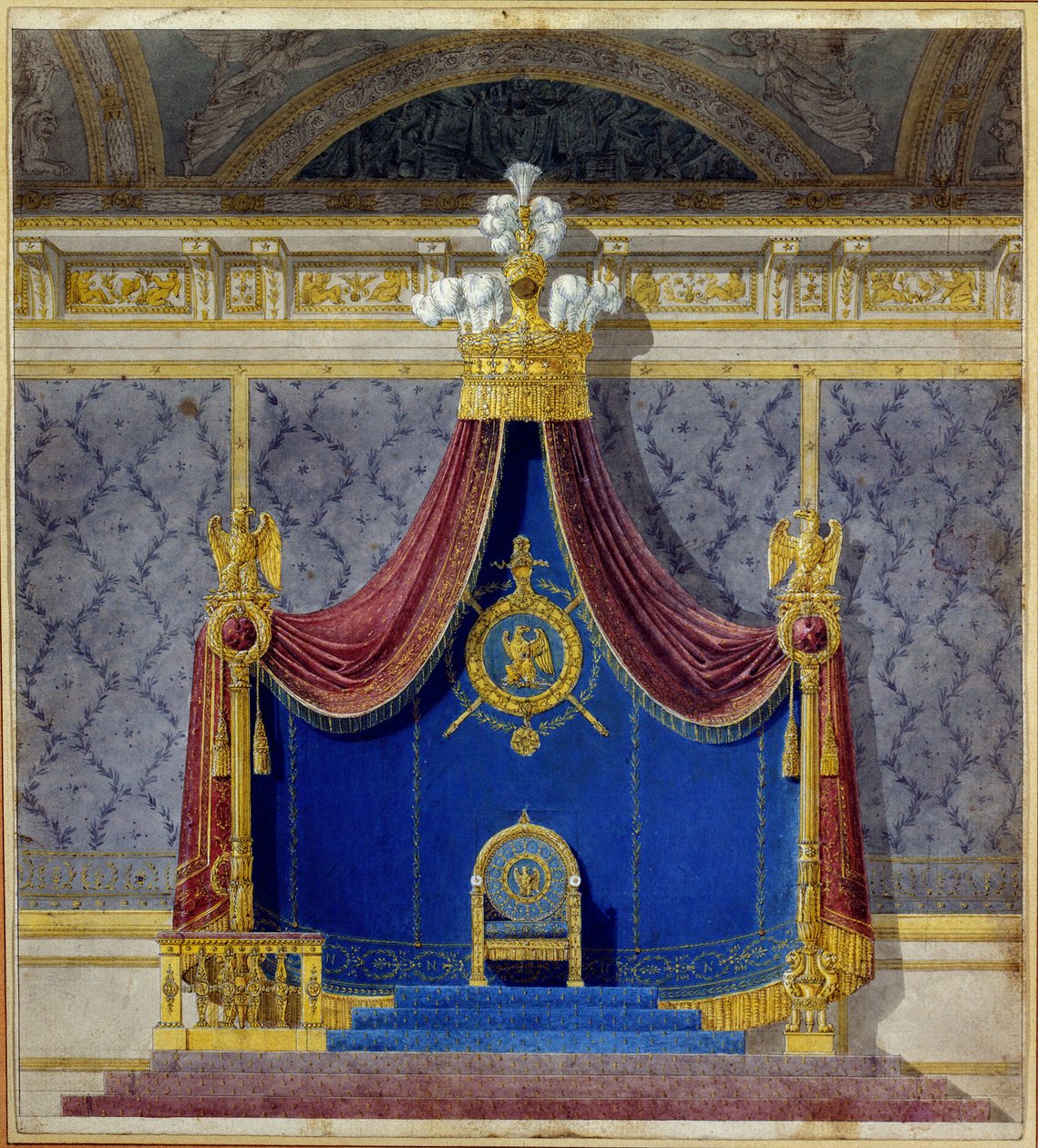 Art France: عرش نابليون الأول في قصر التويلري الذي أنشأه تشارلز بيرسييه (1764-1838) وبيير فرانسوا ليونارد فونتين (1762-1853) ، مهندسون معماريون ومصممون فرنسيون. مجموعة خاصة بواسطة تشارلز وفونتين بيير بيرسيير
