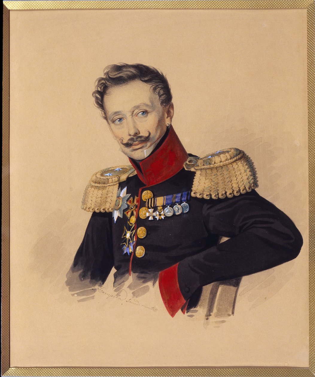 صورة للأمير فيودور فيودوروفيتش جاجارين (1746-1863) (صورة ف.ف. جاجارين). عمل كارل فون هامبين (1794-بعد 1880) ، بقلم رصاص وألوان مائية على ورق ، حوالي عام 1830. الفن الروسي بواسطة تشارلز دي هامبلن