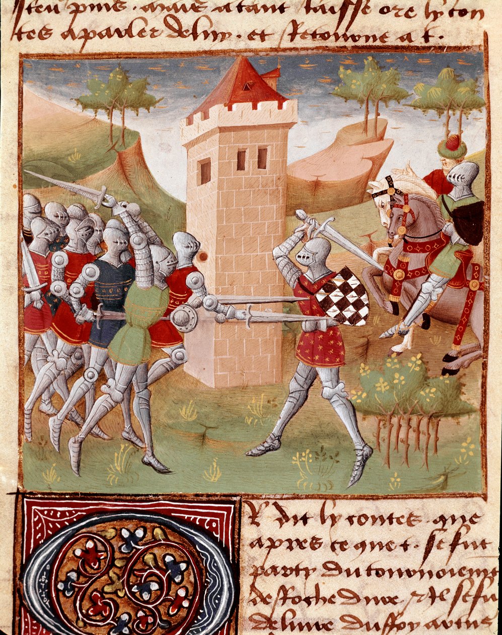 فرسان القتال Lancelot du Lac Miniature مأخوذة من "" Roman du Chevalier Tristan "للمعلم Charles de Maine (نسخة Beroul). 1440-1460. شانتيلي ، متحف كوندي بواسطة تشارلز دو مين ماستر