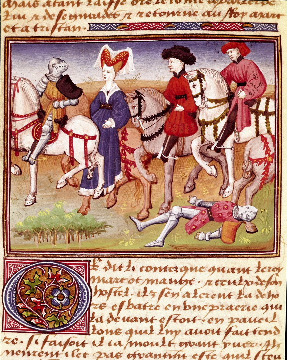 الملكة إيسوت (أو إيزولت) هي حصان يرافقه فرسان مصغرون مأخوذون من "" Romanesque du Chevalier Tristan "للمعلم Charles of Maine 1440-1460. شانتيلي ، متحف كوندي بواسطة تشارلز دو مين ماستر
