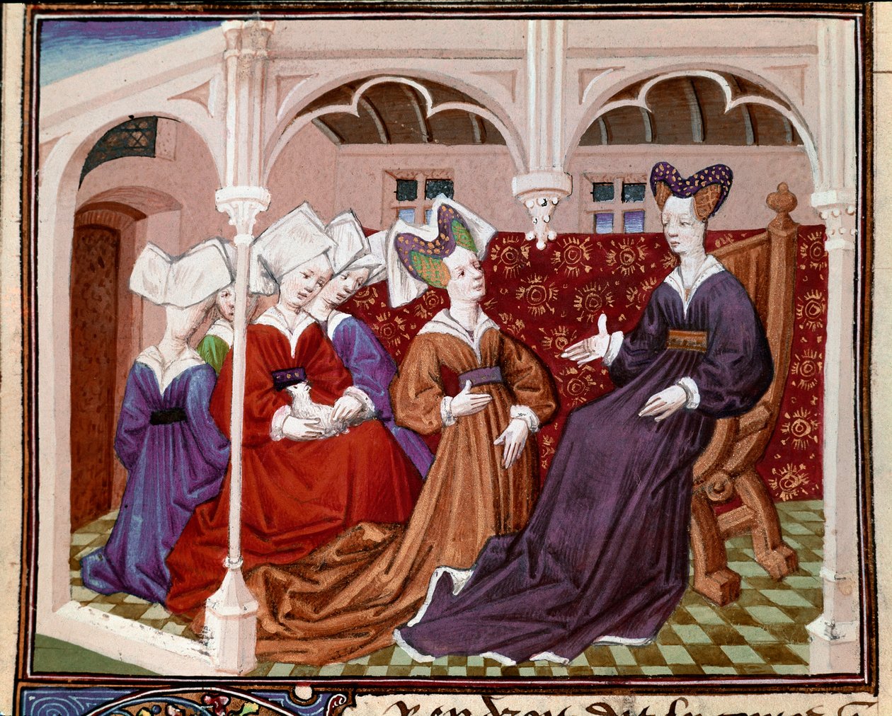الملكة إيزولت (أو إيزولت) تتحدث مع رفاقها المصغرين من "" Romance of the Knight Tristan "للمعلم Charles Charles of Maine 1440-1460. شانتيلي ، متحف كوندي بواسطة تشارلز دو مين ماستر