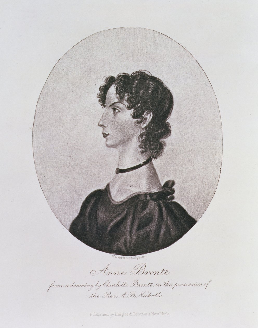 صورة لآن برونتي (1820-1849) من رسم بحوزة القس AB Nicholls ، منقوش بواسطة ووكر وبوتال بواسطة شارلوت برونتي