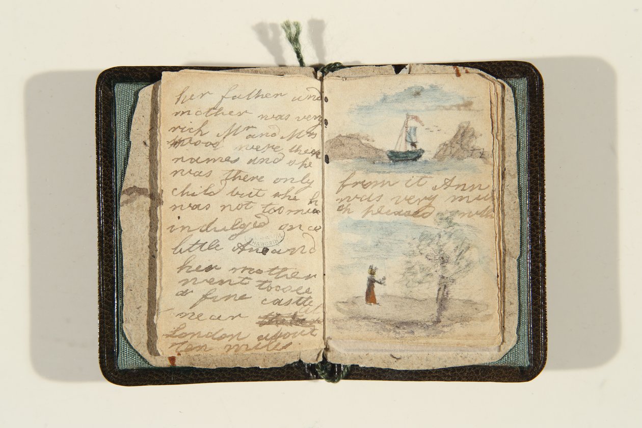بداية القصة "ذات مرة كانت هناك فتاة صغيرة وكان اسمها آن ، حوالي عام 1828 (قلم حبر وألوان مائية على ورق) بواسطة شارلوت برونتي