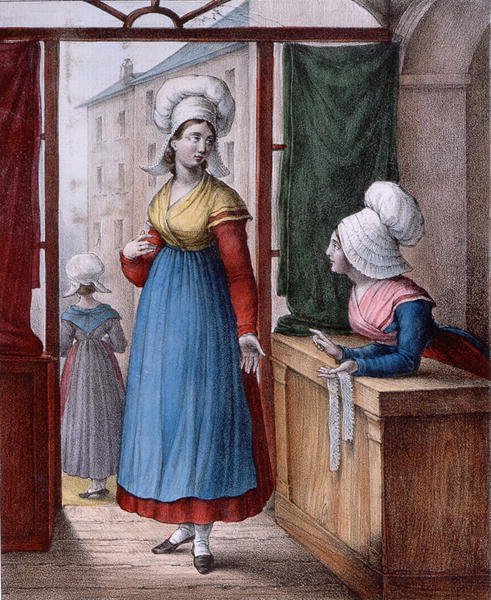 نساء من بلدة أفرانش ، نورماندي ، لوحة من "Suite de Costumes" ، حوالي 1845 (لون ليثو) بواسطة شاربينتييه