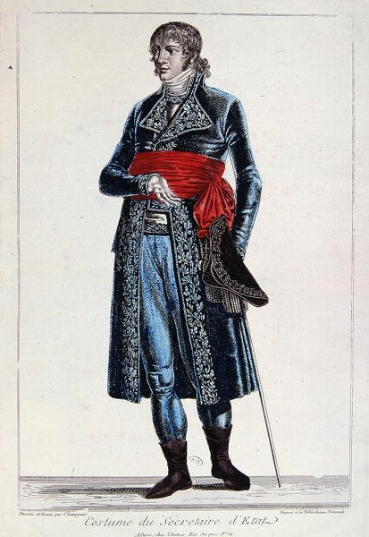 زي وزير الخارجية خلال فترة القنصلية (1799-1804) للجمهورية الأولى في فرنسا ، حوالي 1800 (نقش ملون) بواسطة مُوقِّع الدردشة مُوقِّع الدردشة