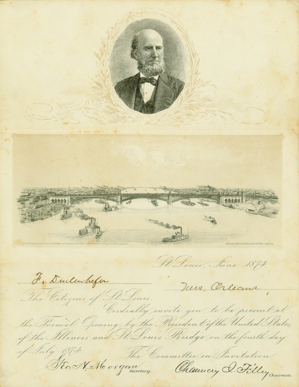 دعوة لحضور الافتتاح الرسمي لجسر Eads في 4 يوليو 1874 بواسطة Chauncey I. Filley