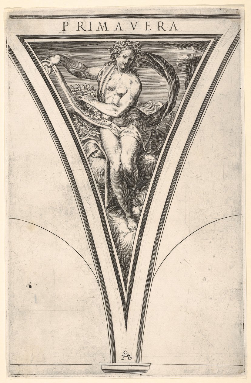 تم تمثيل Spring Primavera كامرأة تحمل ثنى وأكاليل منتفخة ... ، كاليفورنيا. 1570-1615. بواسطة شيروبينو ألبيرتي
