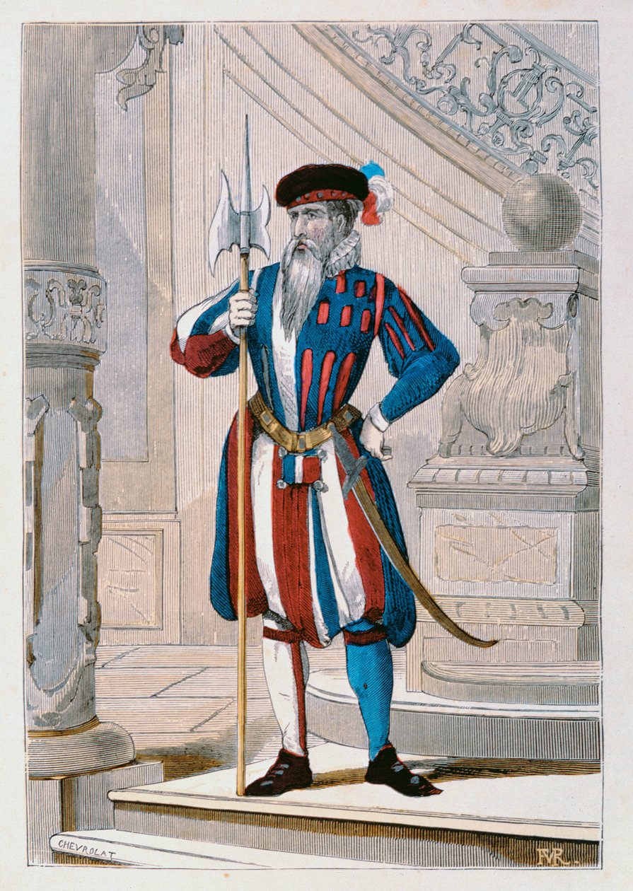 حارس الملك السويسري عام 1586 ، توضيح من "أزياء المدنيين والعسكريين الفرنسيون ليقتطفوا" بقلم أوغستين تشالاميل ، 1881 بواسطة شيفرولات