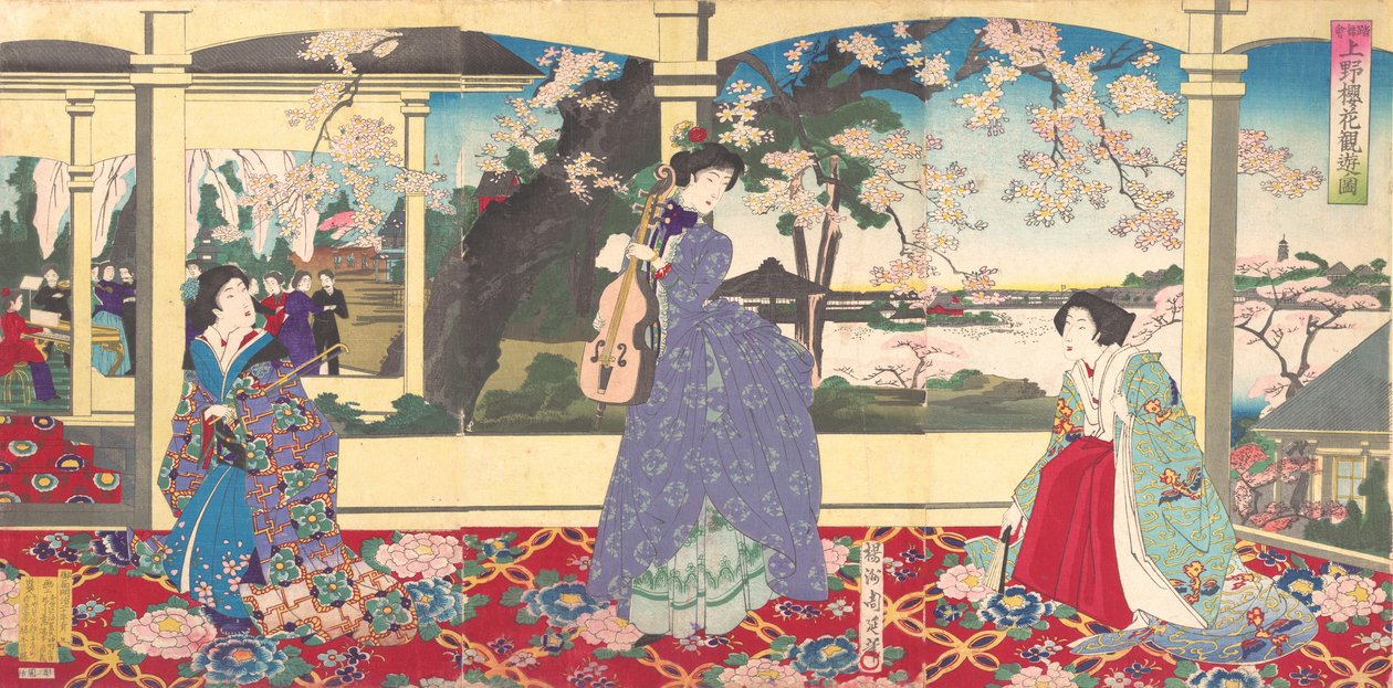 حفلة راقصة: الاستمتاع بمشاهدة أزهار الكرز في Ueno Tobukai Ueno oka yuran no z ... ، مارس 1887. بواسطة تشيكانوبو يوشو