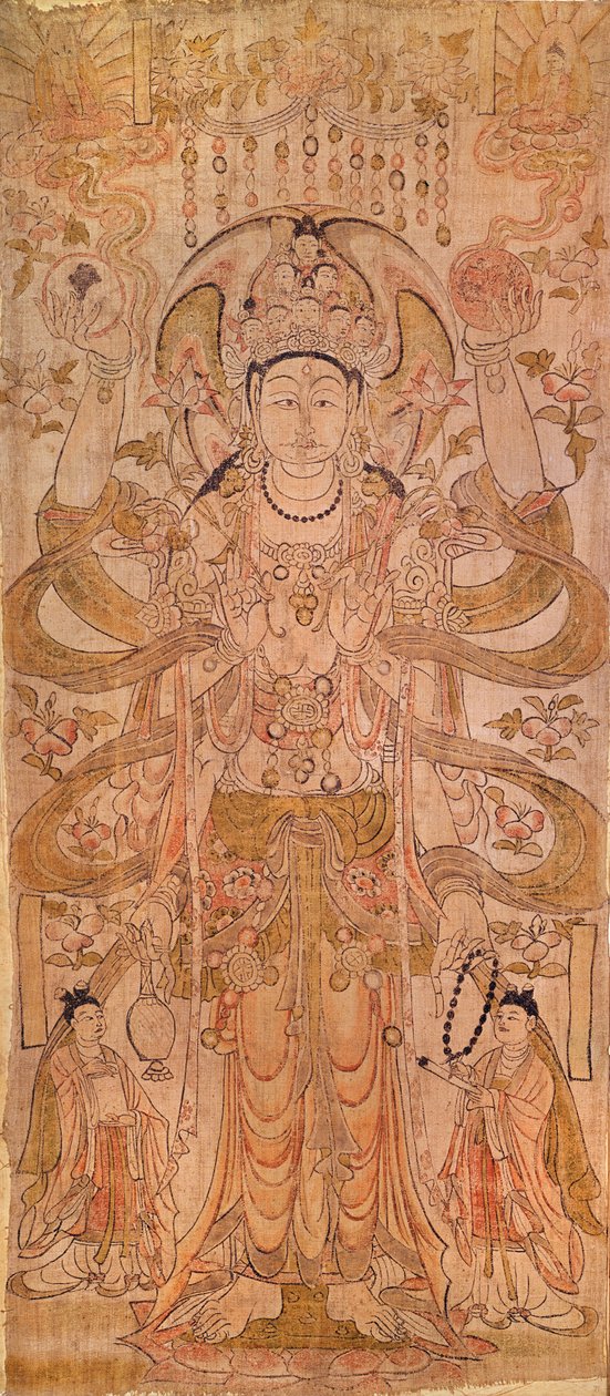 Avalokiteshvara مع تسعة رؤوس وستة أذرع ، من دونهوانغ ، مقاطعة قانسو ، أسرة تانغ (618-907) (قلم وحبر على قماش) بواسطة المدرسة الصينية