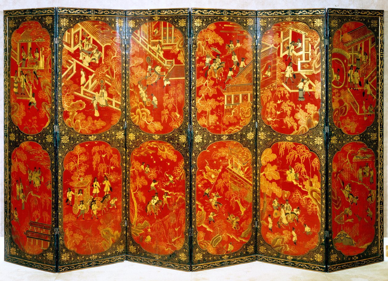 شاشة سداسية الطيات تصور شخصيات أوروبية في ألواح حمراء بحدود سوداء ، ج .1720 (خشب مطلي) بواسطة المدرسة الصينية