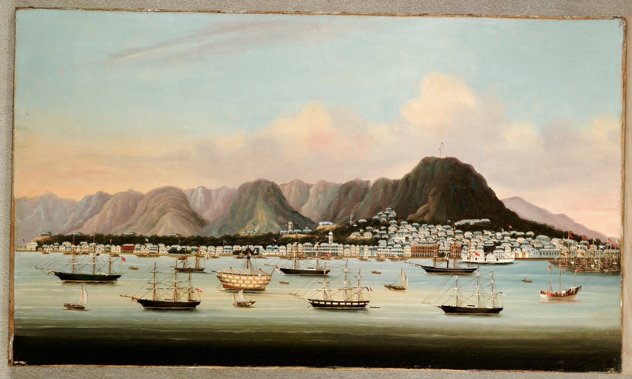 منظر فيكتوريا ، هونغ كونغ ، مع Hulk HMS Princess Charlotte والشحن الأمريكي والبريطاني والفرنسي ، c.1862 بواسطة المدرسة الصينية