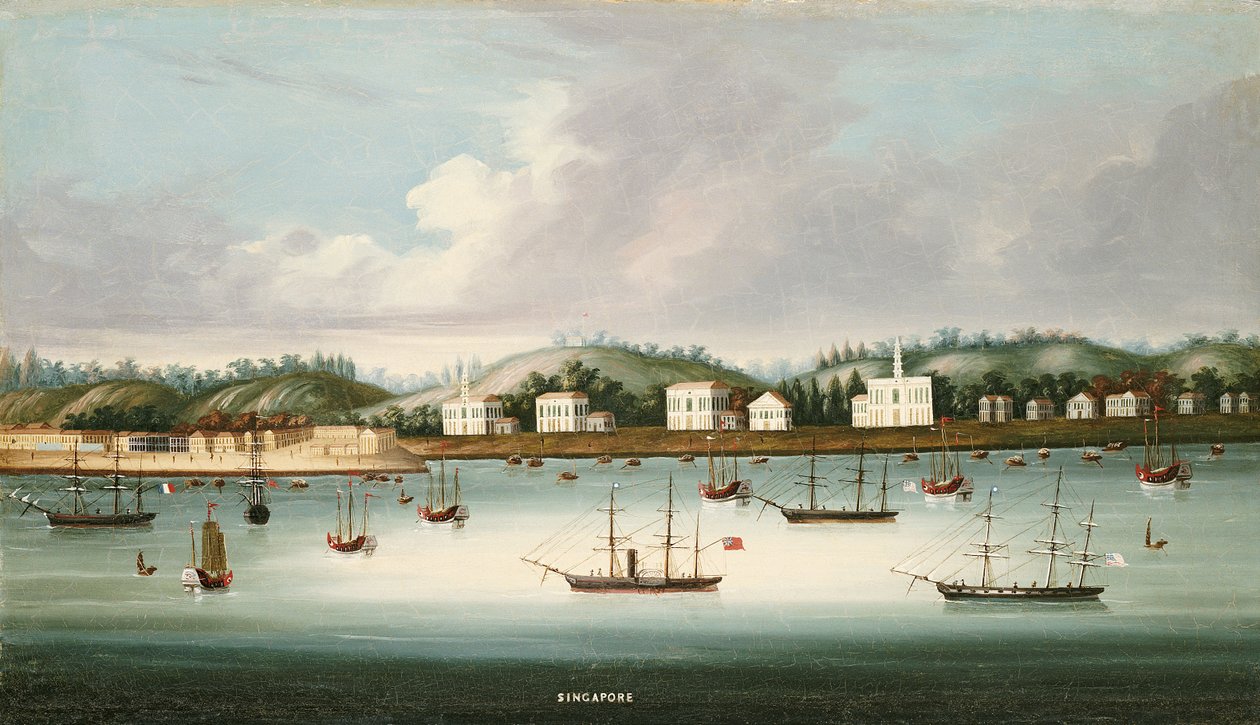 منظر سنغافورة من الطرق مع الشحن الأمريكي والفرنسي والبريطاني ، c.1850 بواسطة المدرسة الصينية
