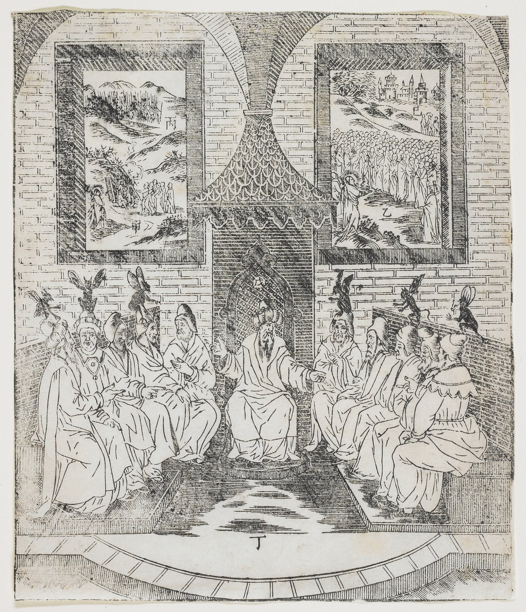 Caiaphas ومجلس الحكماء ، لوحة من Giulio Alenis Tianzhu jiangsheng zhuxiang jingjie (تاريخ مصور لرب السماء الذي أصبح متجسدًا في الجسد) ، كنيسة جينجيانغ ، فوجي بواسطة المدرسة الصينية