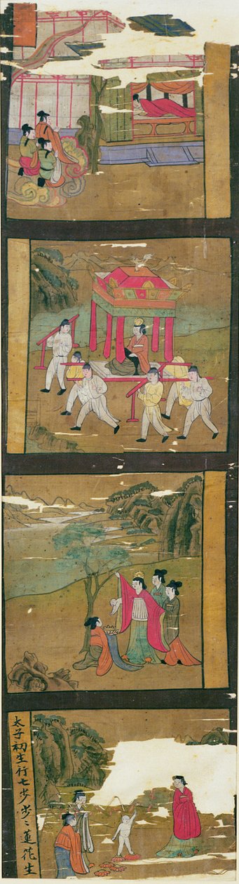 Ch.Lv.0010 مشاهد من حياة بوداس ، تونهوانغ ، القرنين السابع والثامن ، (رسم على راية الحرير) بواسطة المدرسة الصينية