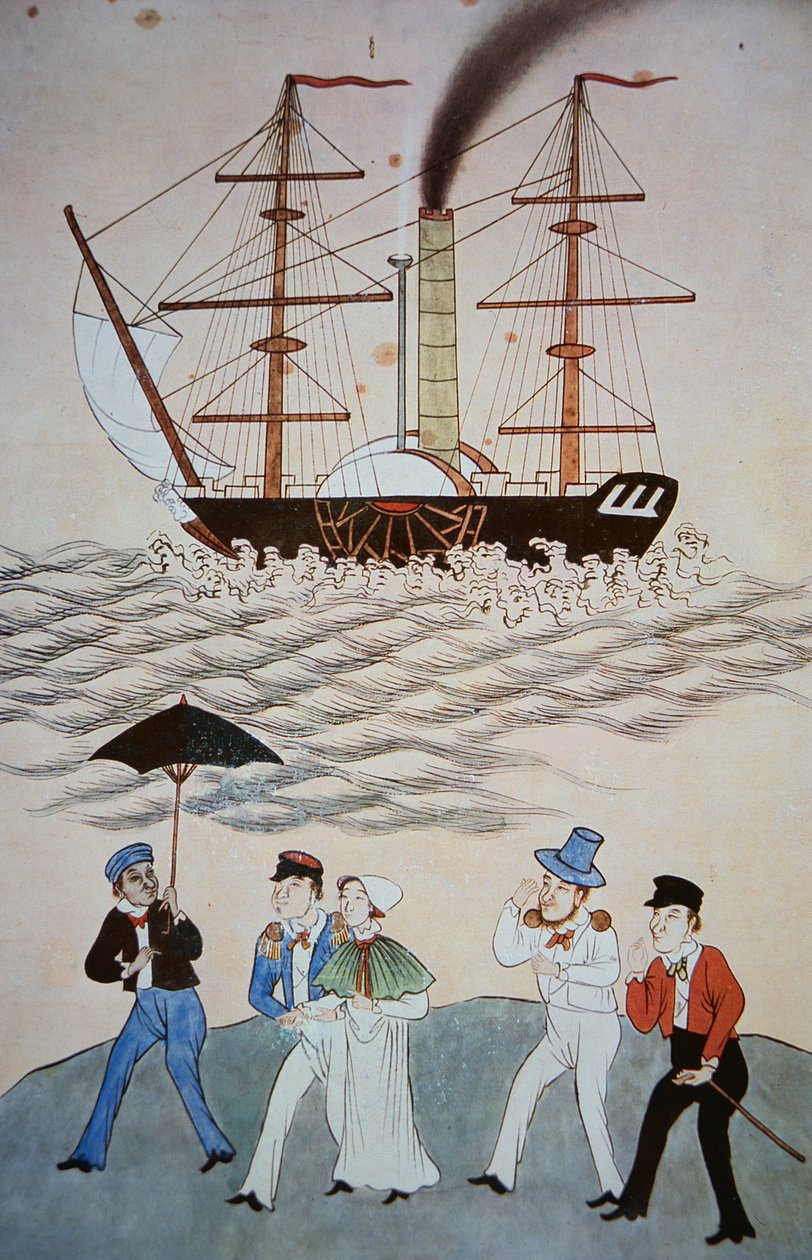 اللوحة الصينية لأول سفينة بخارية بريطانية والركاب يهبطون في كانتون c.1840 (انظر أيضًا 268028) بواسطة المدرسة الصينية