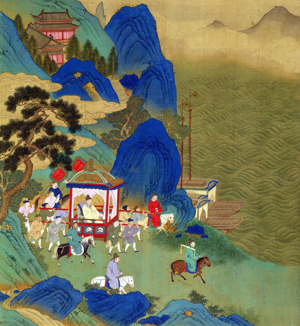 الإمبراطور تشين وانغ تي (221-206 قبل الميلاد) يسافر في palanquin ، من تاريخ الأباطرة الصينيين (اللون على الحرير) بواسطة المدرسة الصينية