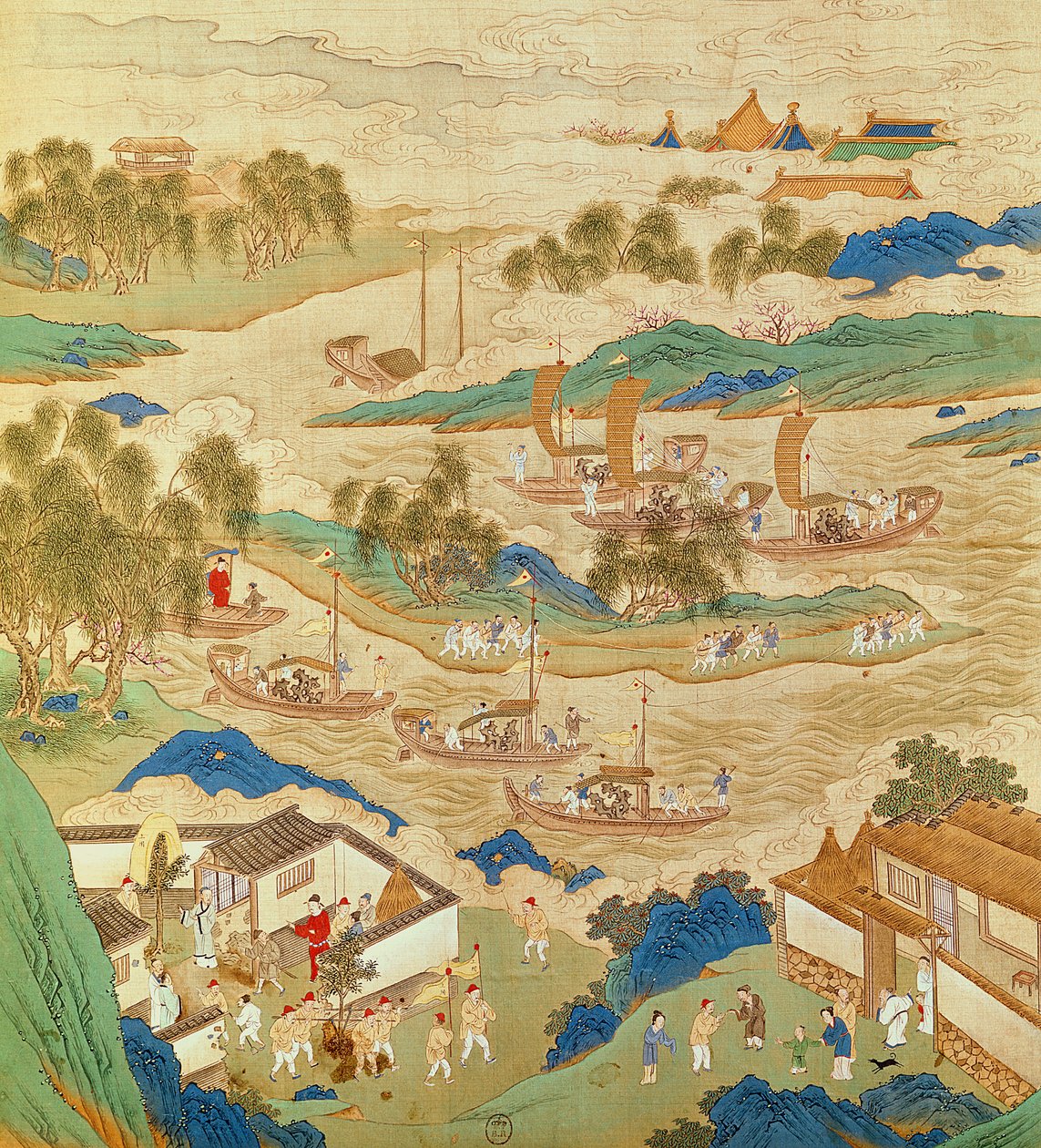 الإمبراطور هوى تسونغ (حكم 1100-26) ينقل الأحجار المثقبة والأشجار ذات الأشكال الغريبة ، من تاريخ الأباطرة الصينيين (اللون على الحرير) بواسطة المدرسة الصينية