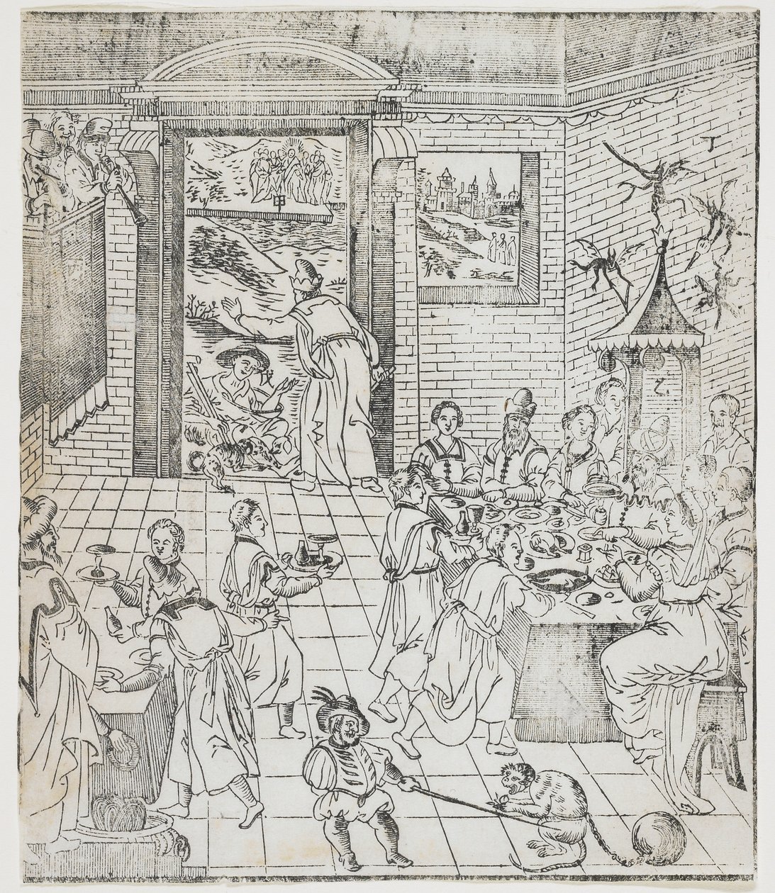 Lazarus at the House of the Rich Man، plate from Giulio Alenis Tianzhu jiangsheng zhuxiang jingjie (تاريخ مصور لرب السماء الذي أصبح متجسدا في الجسد) ، كنيسة جينجيانغ ، فو بواسطة المدرسة الصينية