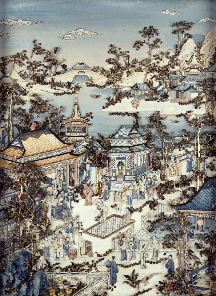 لوحة تصور شخصية بارزة مع الحاضرين يشاهدون راقصة ، فترة Qianlong ، 1736-95 (واحد من زوج) (العاج متعدد الألوان) (انظر 206572) بواسطة المدرسة الصينية