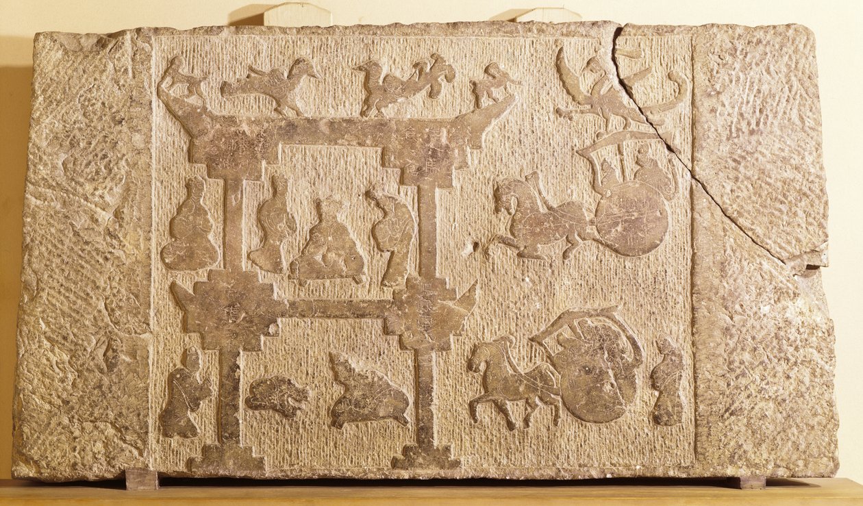 بلاطة مزينة بالعربات والطيور الأسطورية ، أسرة هان (206 ق.م - 220 م) (حجر رملي) بواسطة المدرسة الصينية
