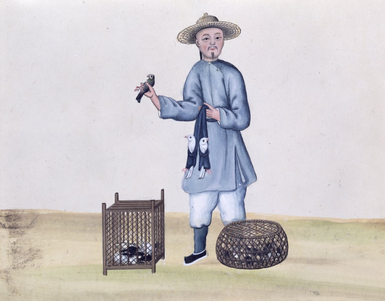بائع الحمامة ، من كتاب في مكالمات شارع بكين ، c.1785 (مرحاض وغواش على ورق) بواسطة المدرسة الصينية