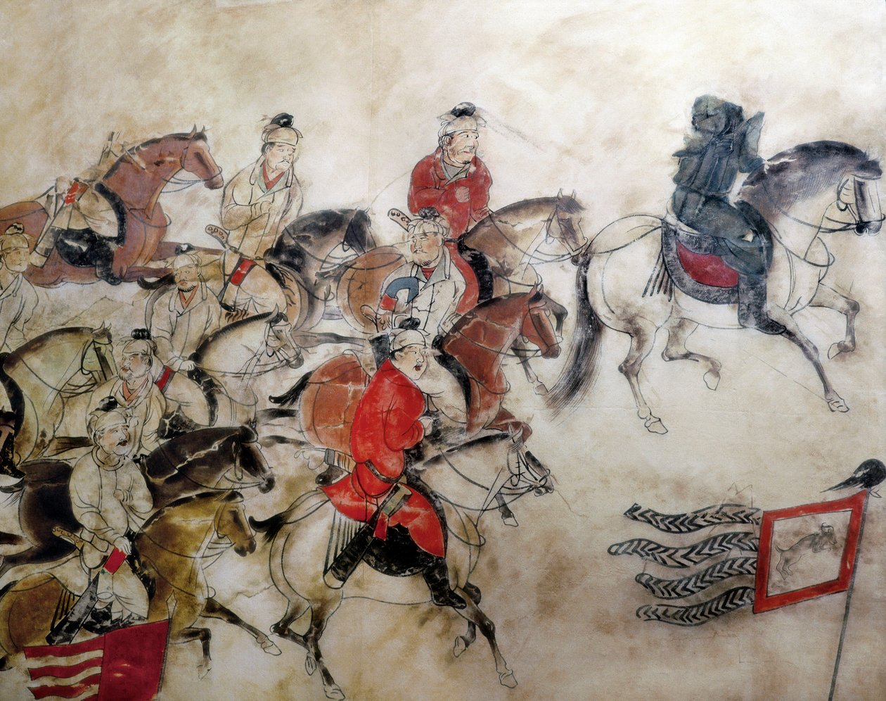قبر الأمير Zhanghuai ، مشهد الصيد مع الخيول ، كسيان ، فترة هان ، 706 (جدارية) بواسطة المدرسة الصينية