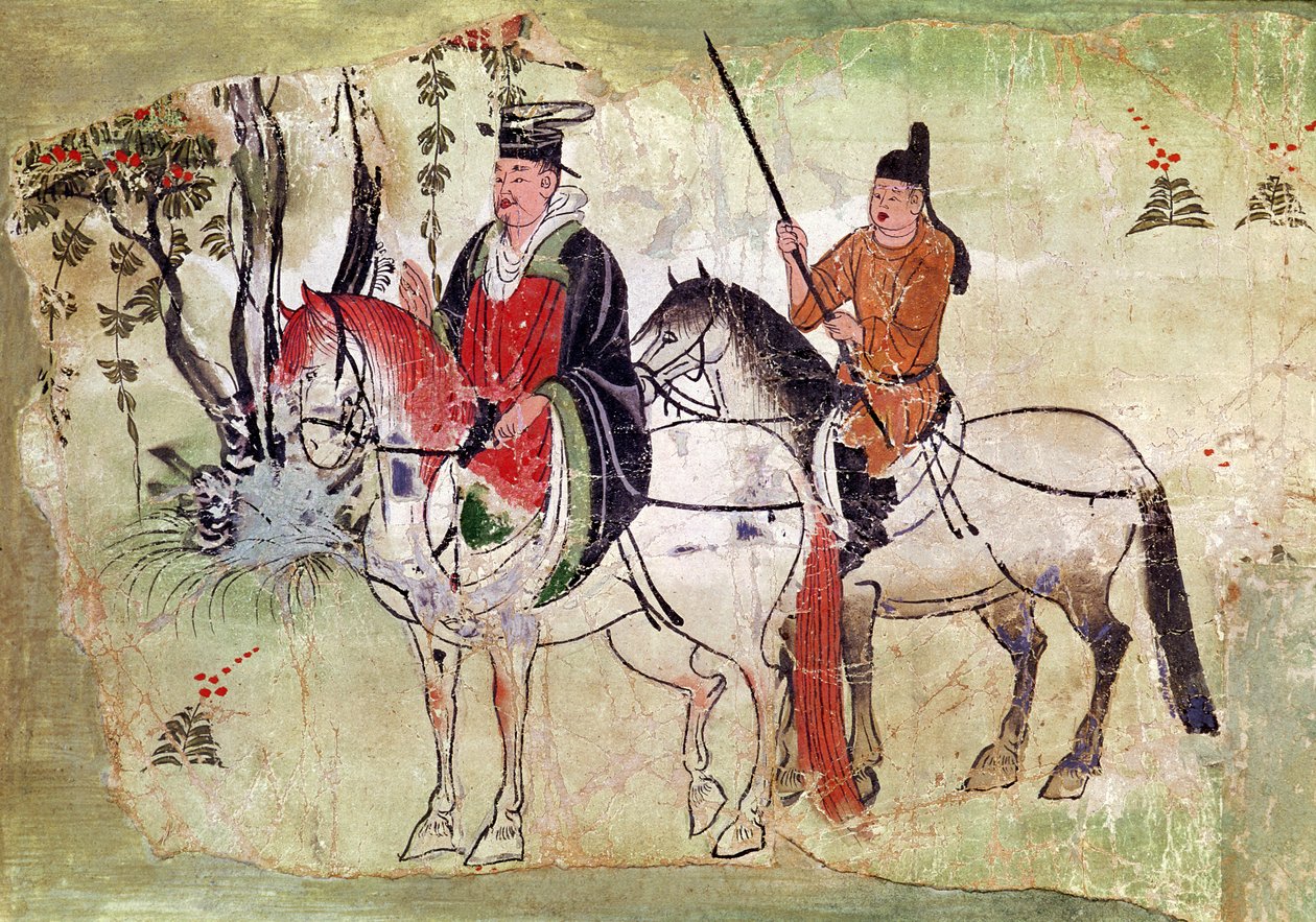 اثنين من الفرسان في المناظر الطبيعية أو ، The Boddhisatva و Equerry ، فترة تانغ (حجر مطلي) بواسطة المدرسة الصينية