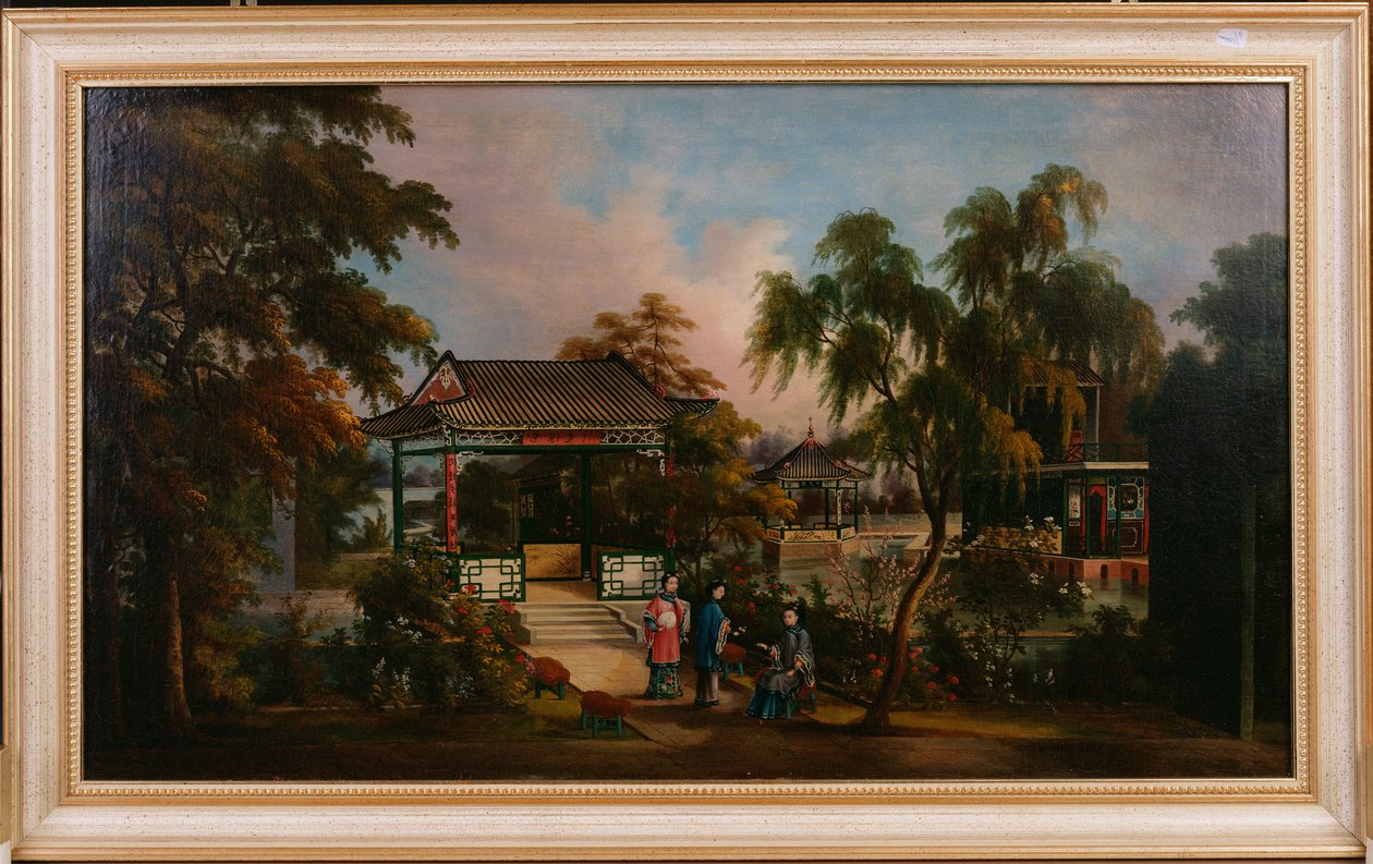 منظر لحديقة Howqua في كانتون مع السيدات من قبل Pavillion ، c.1850 بواسطة المدرسة الصينية