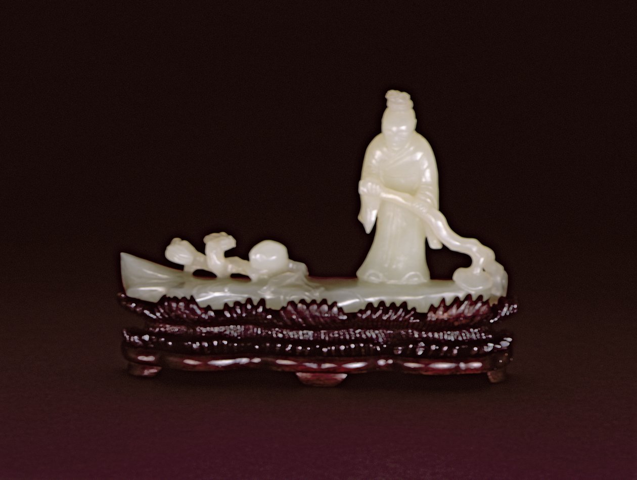 Zhang Qian يقف على طوف خشبي يوجه مع فرع lingzhi بجانب فرع lingzhi وخوخ (حجر أبيض) بواسطة المدرسة الصينية