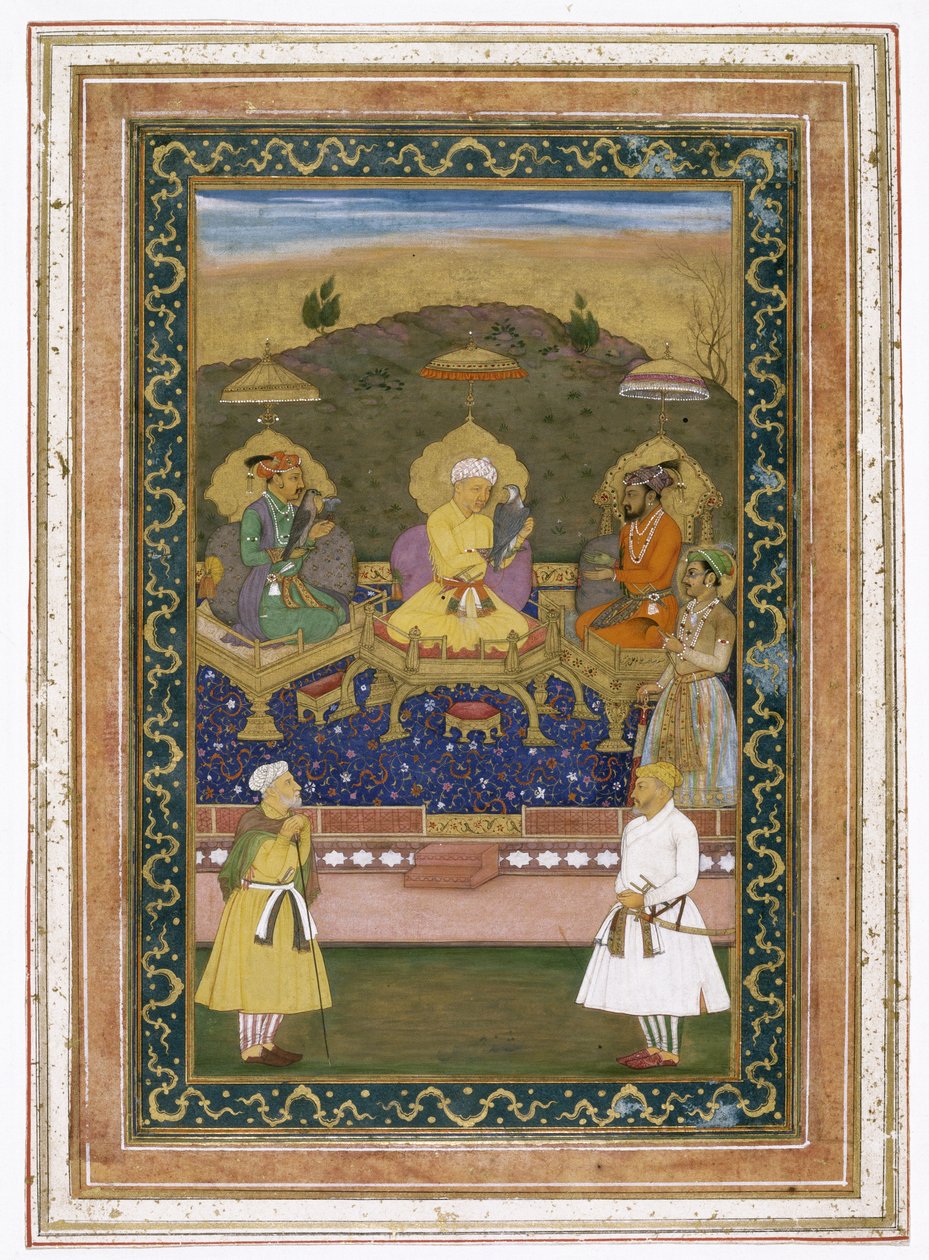 الأباطرة أكبر ، جهانكير ، وشاه جهان مع وزراءهم والأمير دارا شيكوه ، c.1630-40 بواسطة Chitarman