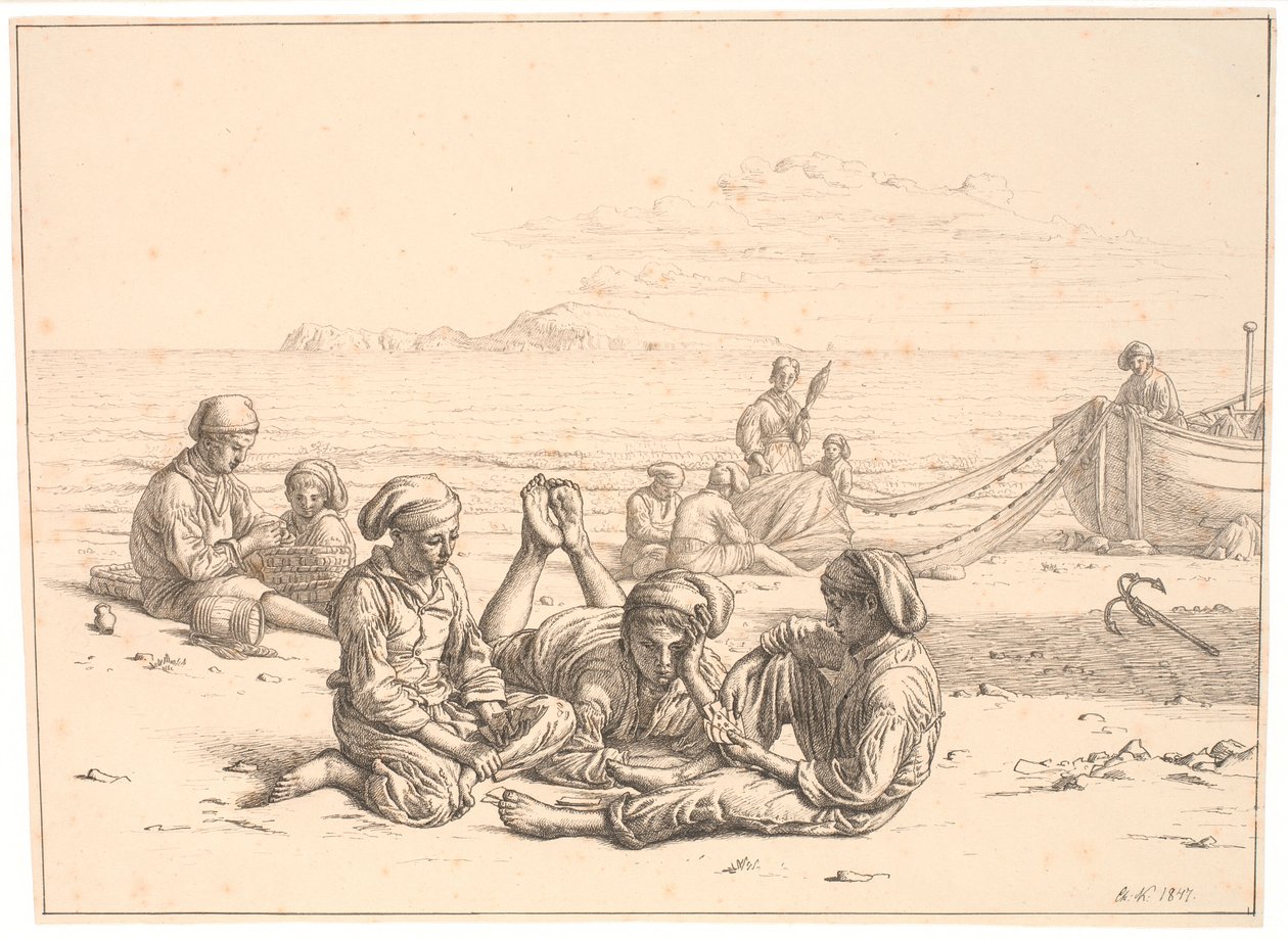 الصبيان النابوليتان يلعبون الورق. العديد من الصيادين مشغولون بشباكهم. يمكن رؤية كابري في الخلفية بواسطة كريستين كوبكي