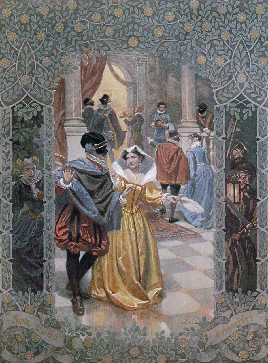 رسم توضيحي لمشهد في "الكثير من اللغط حول لا شيء" ، ص 1900 بواسطة كريستيان أوغست برينتز
