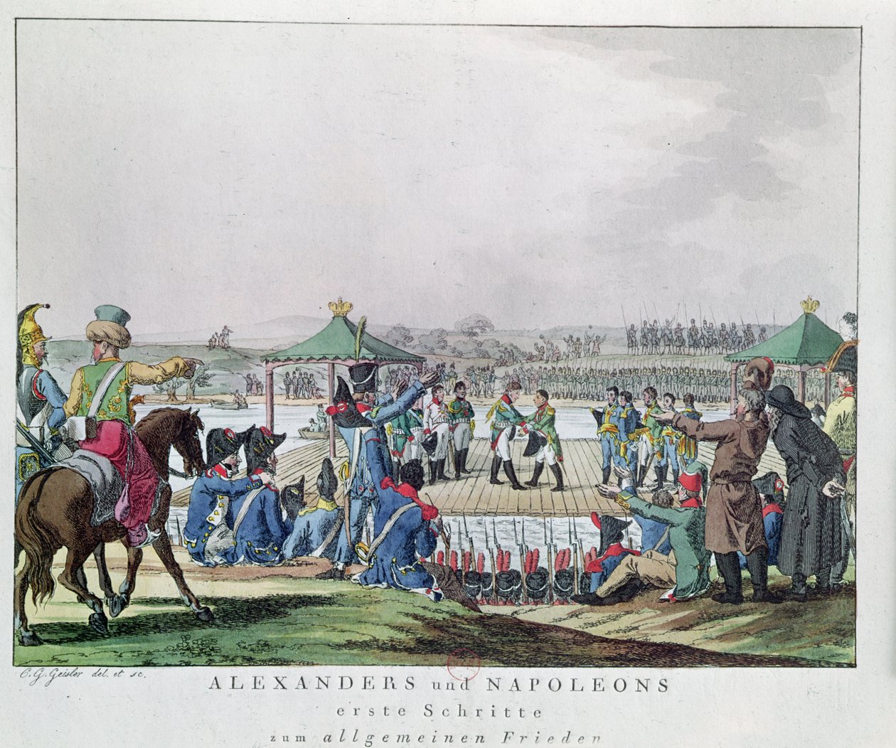 ألكسندر الأول (1777-1825) ونابليون (1769-1821) يتخذان الخطوات الأولى نحو حالة سلام عامة ، 26 يونيو 1807 (نقش الألوان) بواسطة كريستيان جوتفريد جيسلر