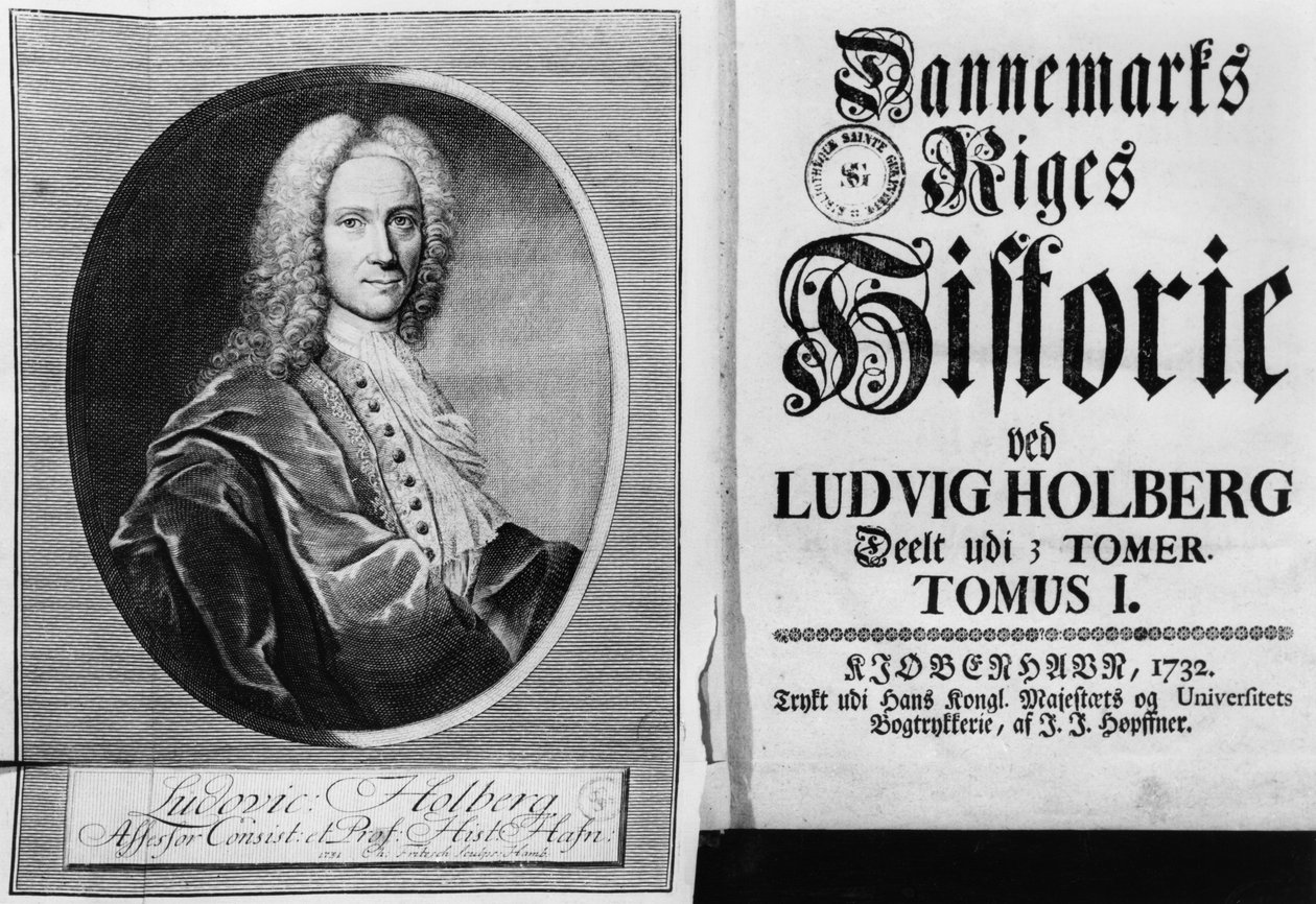 بارون لودفيج هولبرج (1684-1754) وصفحة عنوان المجلد الأول من تاريخ الدنمارك ، المنشور في كوبنهاجن ، 1732 بواسطة كريستيان فريدريش فريتشش