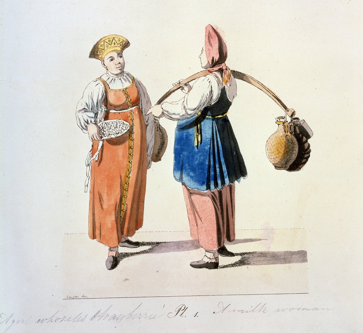 سلسلة sur les marchands de Moscow: منتجات الألبان. Dairywoman (من سلسلة The Moscow Merchants). رسم كريستيان جوتفريد هاينريش جيسلر (1770-1844) بواسطة كريستيان جوتفريد جيسلر
