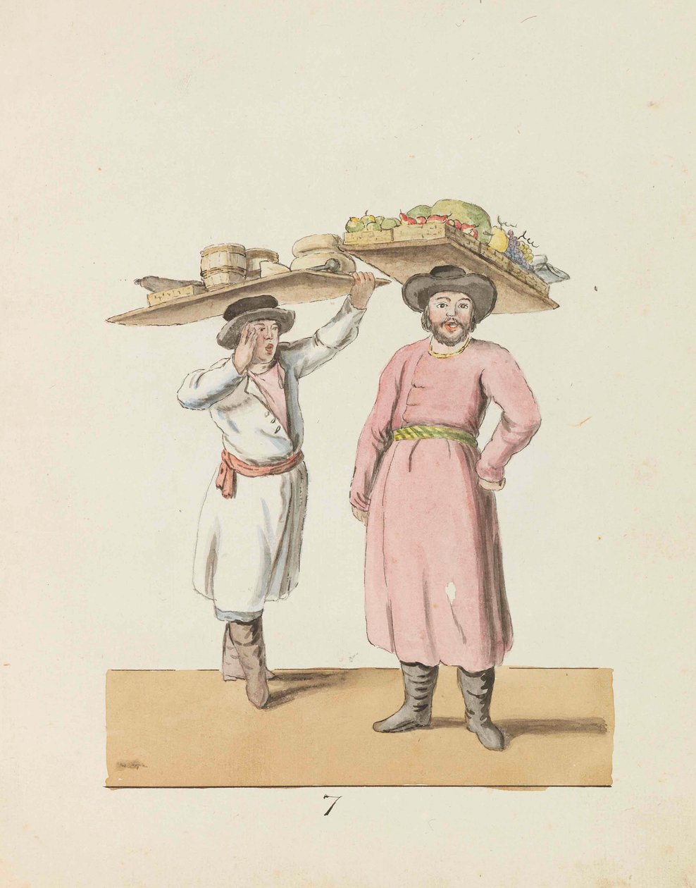 بائع فواكه وفلاح يبيع الجبن والرنجة من سلسلة سانت بطرسبرغ ... ، 1799. بواسطة كريستيان جوتفريد هاينريش جيسلر