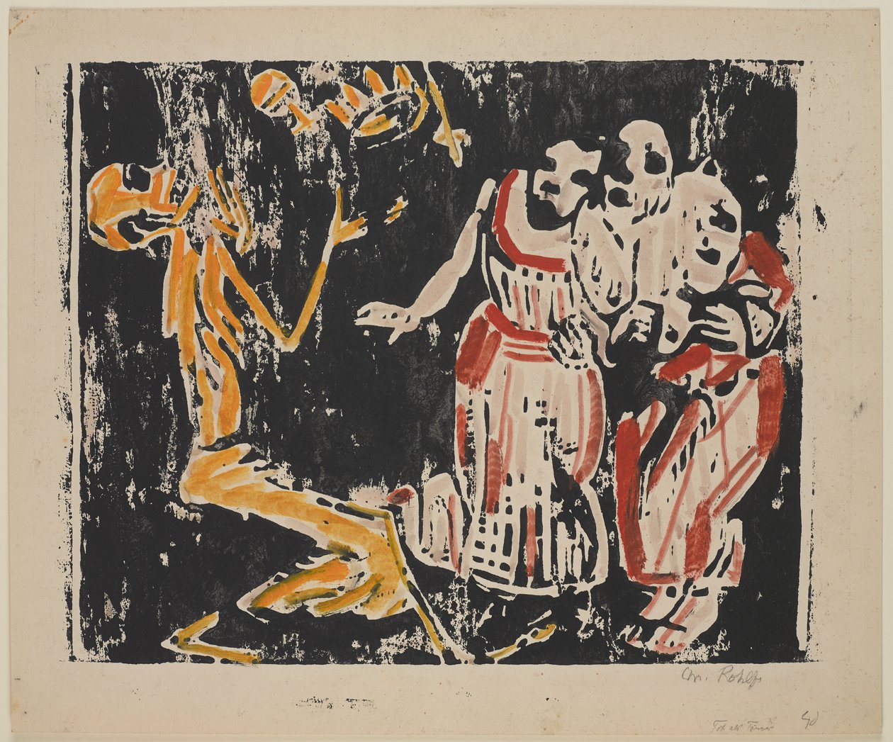 Death as Juggler (Revolution) (Tod als Jongleur [Revolution]) ، 1918-1919 (قطع خشبية باللون الأصفر والأحمر والأسود على ورق منسوج كثيف) بواسطة كريستيان رولفس